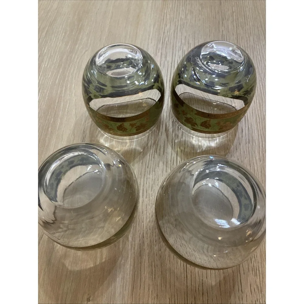 4pc VTG 60s MCM Roly Poly Cera Glass 22K Golden Grapes Green Highball Tumbler